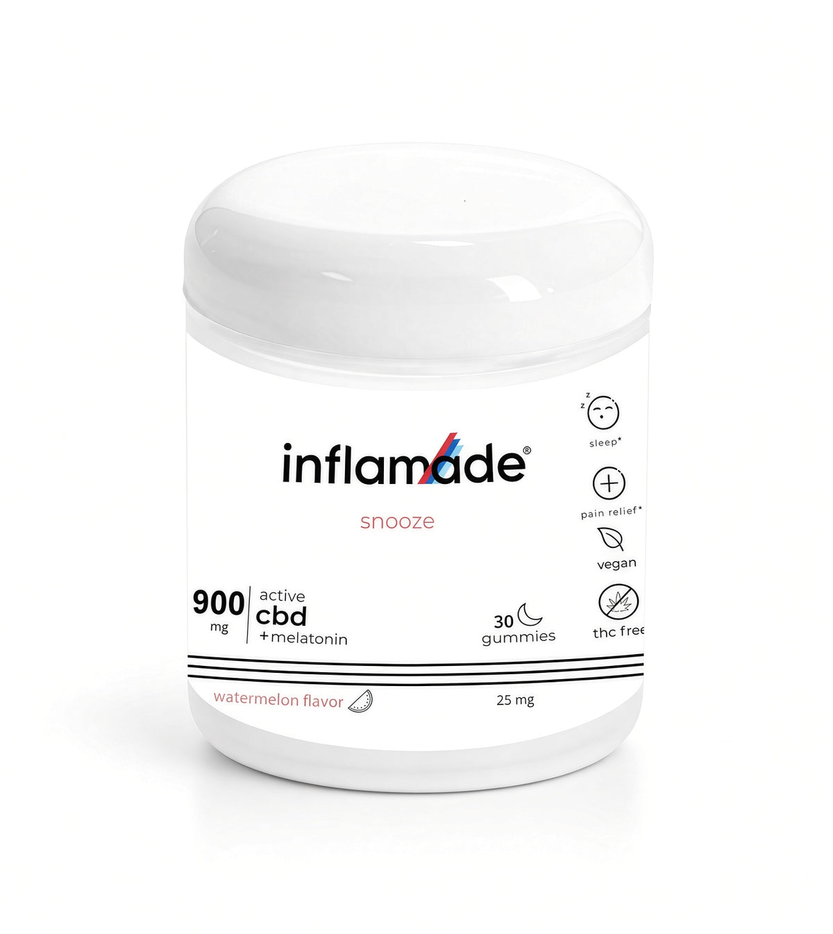 A white glass jar of inflamade 'snooze' watermelon flavor sleep gummies, featuring a clean white label with black and red text and icons, set against a plain white background.