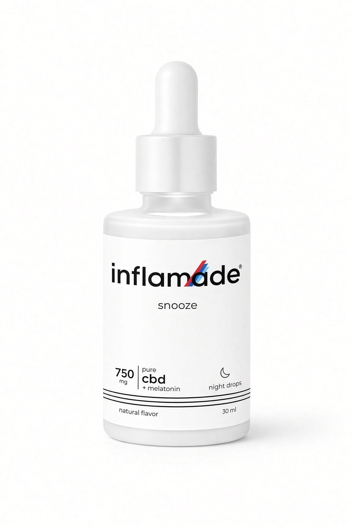 A 30 ml dropper bottle of inflamade Snooze CBD night drops on a clean white background.