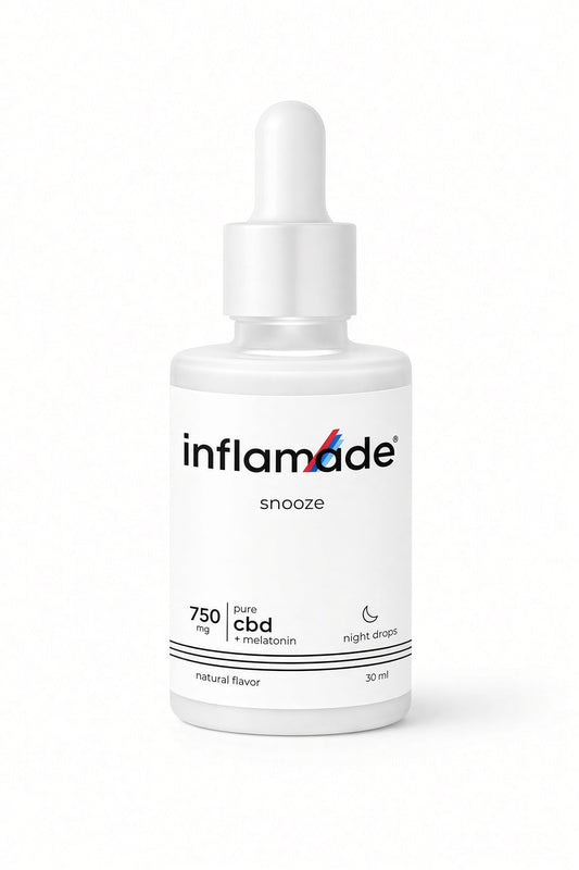 A 30 ml dropper bottle of inflamade Snooze CBD night drops on a clean white background.