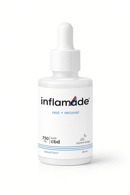 A 30 ml dropper bottle of inflamade 'rest + recover' CBD sleep tincture on a clean white background. The bottle is white with a white label featuring black and blue text, and a red accent line in the brand logo.