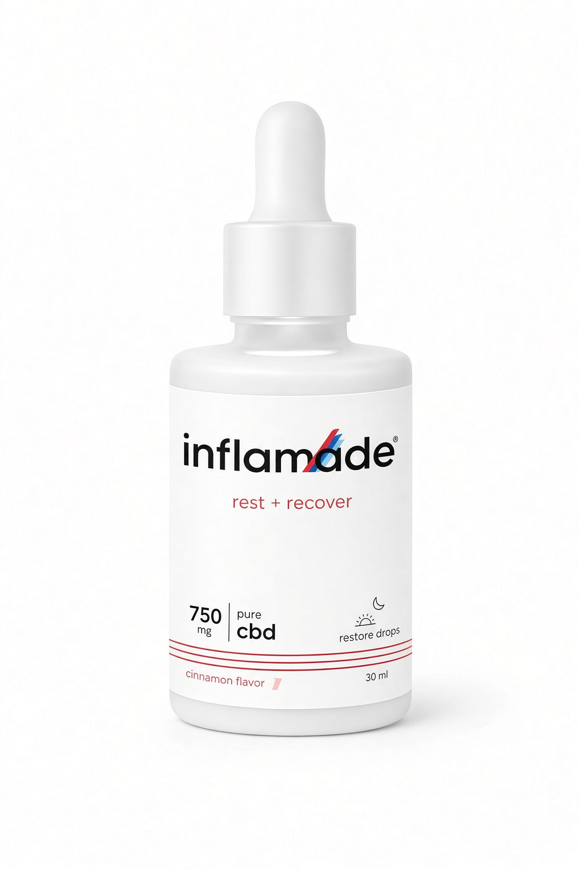 A 30 ml white dropper bottle of inflamade 'rest + recover' sleep CBD tincture, featuring a white label with black and red text, on a clean white background.