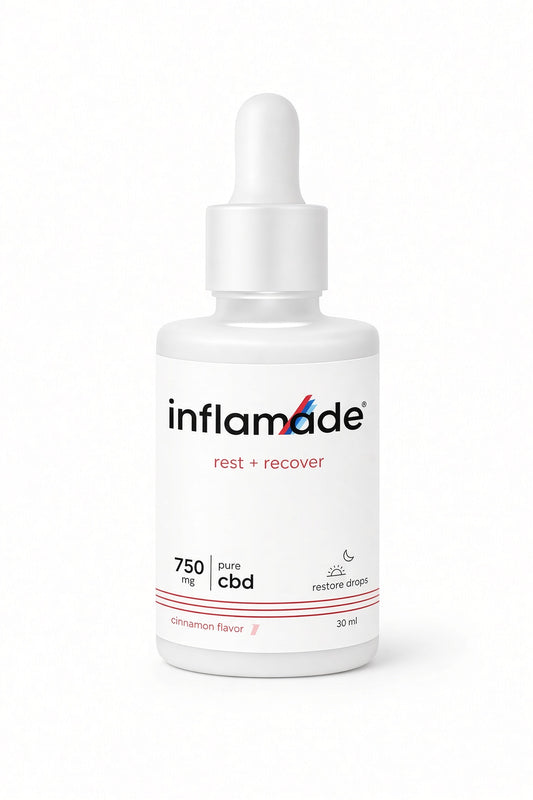 A 30 ml white dropper bottle of inflamade 'rest + recover' sleep CBD tincture, featuring a white label with black and red text, on a clean white background.