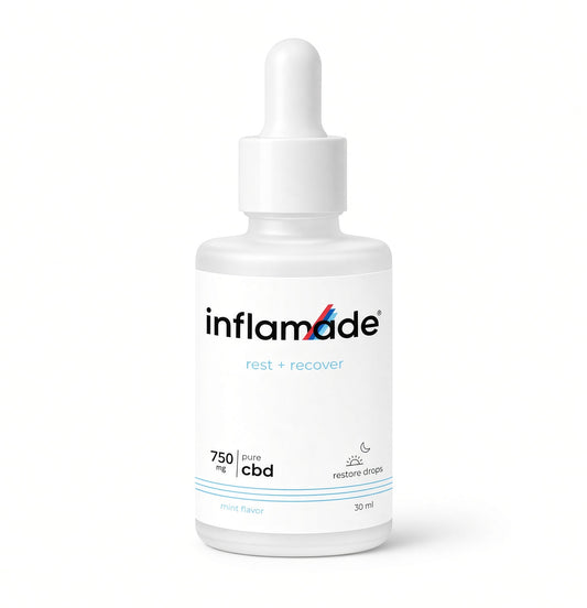A 30 ml white dropper bottle of inflamade rest + recover CBD sleep restore drops, featuring a clean white label with black and blue text, on a solid white background.